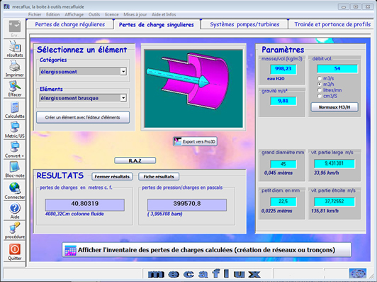 interface calcul pertes charge singulieres